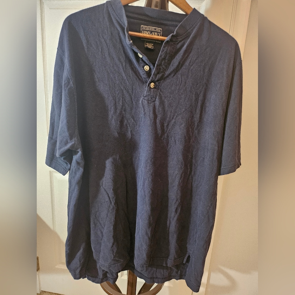 Army Navy 1/4 button Henley. Navy 2x.